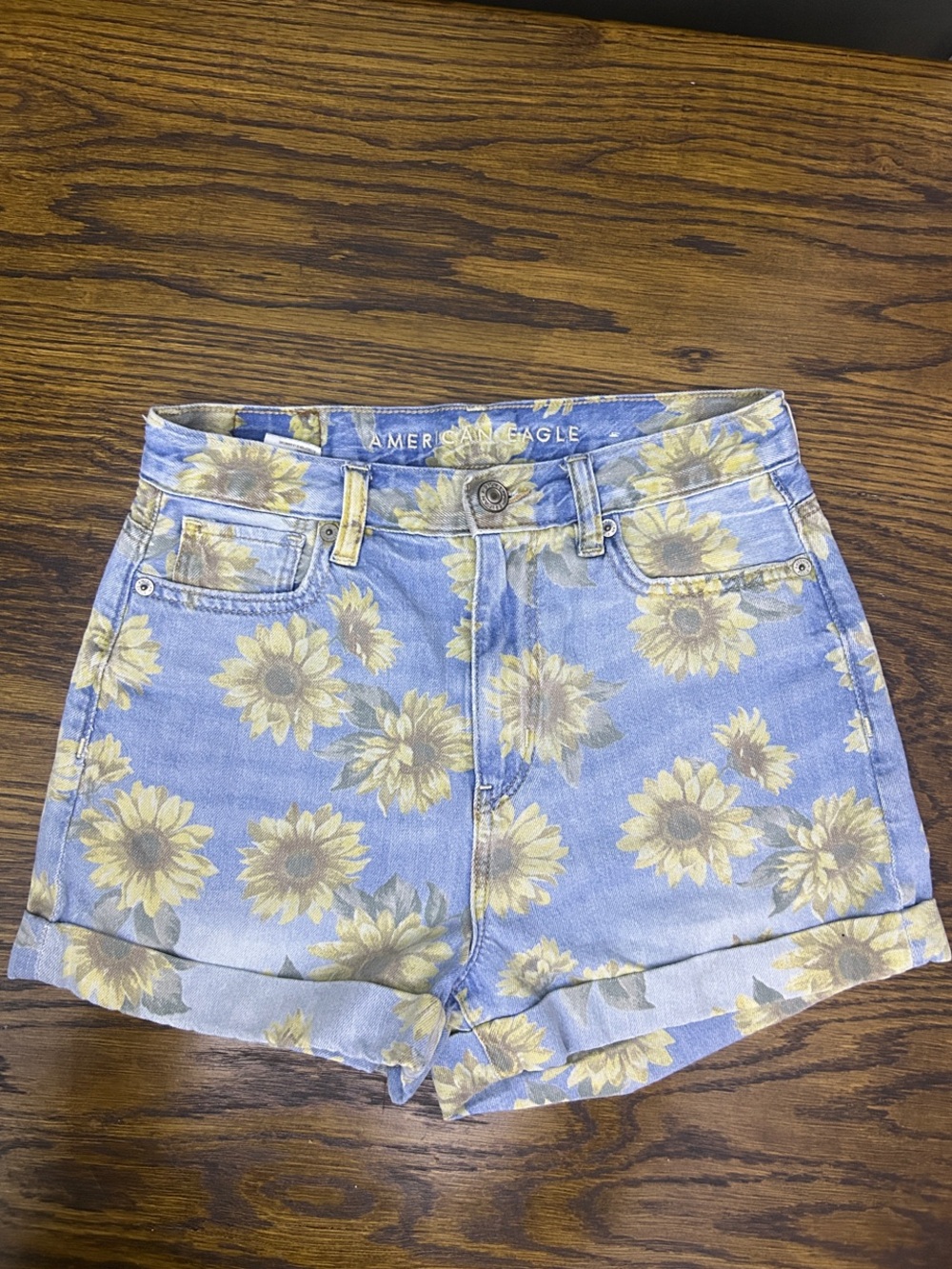 American Eagle Outfitters Light Blue Sunflower Print High-Waist Shorts